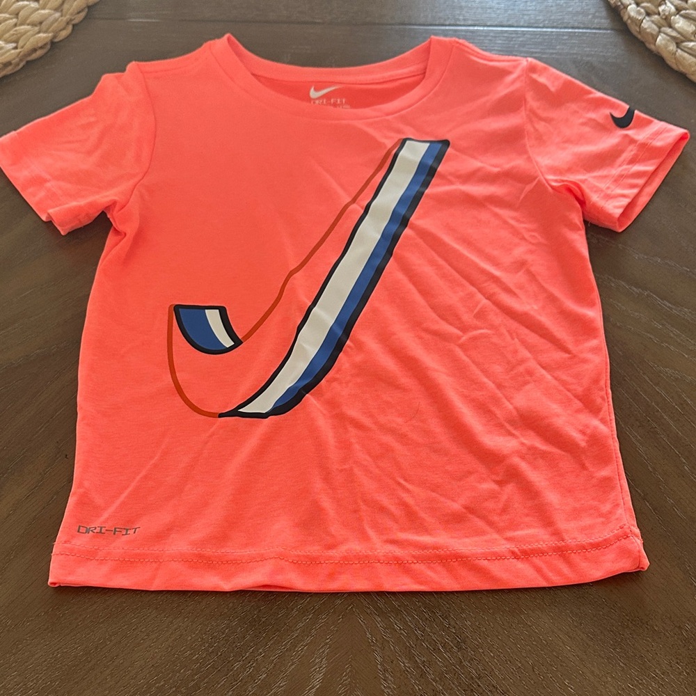 Nike Kids Bright Coral Tee with Blue and White Graphic
